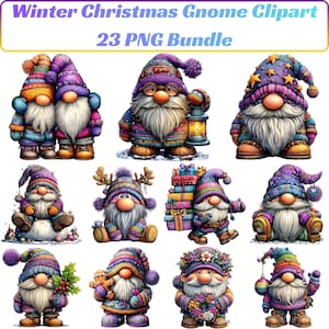 Op de afbeelding: Een verzameling kleurrijke winter kerstkabouter clipart. De kabouters dragen levendige hoeden en kleding, sommigen houden cadeaus, lantaarns of vakantiedecoraties vast. De afbeelding bevat de tekst "Winter Christmas Gnome Clipart" en "23 PNG Bundle."