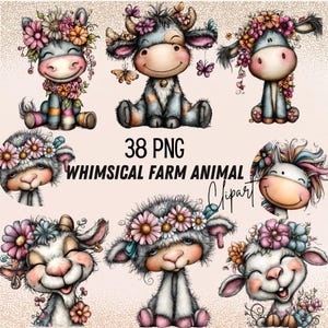 Op de afbeelding: Een verzameling grillige boerderijdier-clipart in verschillende poses. De illustraties tonen lachende dieren met bloemenkransen en accenten, waaronder koeien, schapen en een ezel. De tekst luidt "38 PNG WHIMSICAL FARM ANIMAL Clipart".