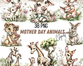 38 png Acuarela linda mamá y bebé animales clipart, vivero de animales del bosque, oso conejito gatito mamá hija hijo día de la madre bebé