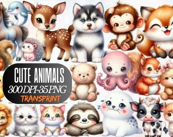 Watercolor Baby Animals Clipart Bundle: 35 PNG Nursery Art Images (Digital Download)