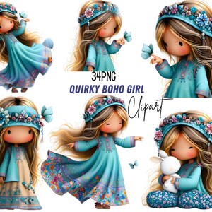 Puede incluir: Una colección de ilustraciones digitales de una niña con cabello rubio largo que viste un vestido azul y una diadema floral. La niña aparece en varias poses, interactuando con mariposas y un conejo blanco. Texto 34PNG QUIRKY BOHO GIRL Clipart.