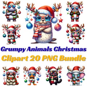 Op de afbeelding: Een verzameling kerstclipart met chagrijnige dieren. De afbeelding toont een zeehond, een panda en een kat, elk gekleed in feestelijke accessoires zoals kerstmutsen, sjaals en sterrenbrillen. De tekst luidt "Grumpy Animals Christmas Clipart 20 PNG Bundle".