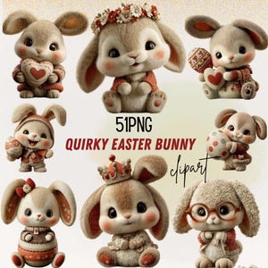 Op de afbeelding: Een verzameling eigenzinnige paashaas clipart afbeeldingen. De konijnen worden afgebeeld in verschillende poses, dragen outfits en houden eieren en harten vast. De tekst "51PNG QUIRKY EASTER BUNNY clipart" staat in het midden.