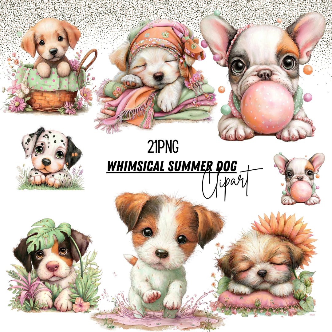 Whimsical Summer Dogs Clipart Bundle – 21 PNG Cute Dog Illustrations ...
