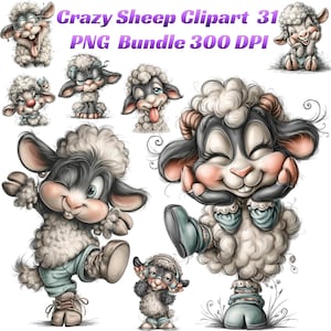 Może przedstawiać: Kolekcja fantazyjnych ilustracji owiec w różnych pozach. Owieczki przedstawione są z puszystą białą wełną, szarymi pyszczkami i wyrazistymi oczami. Obraz zawiera tekst "Crazy Sheep Clipart 31 PNG Bundle 300 DPI".