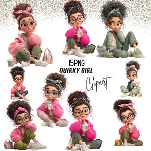 Op de afbeelding: Een verzameling digitale illustraties met het thema "Quirky Girl". Elke afbeelding toont een cartoonpersonage met een bril, een haarband en casual kleding, vaak met een mok of met een klein huisdier. De tekst "15PNG QUIRKY GIRL Clipart" is zichtbaar.