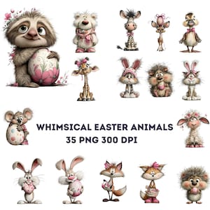 Könnte beinhalten: Eine Sammlung skurriler Oster-Tier-Illustrationen. Das Bild zeigt ein Faultier, einen Bären, ein Zebra, ein Reh, eine Ente, eine Giraffe, ein Kaninchen, einen Igel, einen Koala, ein Lamm, einen Fuchs und eine Katze, jeweils mit Oster-Accessoires. Text: "WHIMSICAL EASTER ANIMALS 35 PNG 300 DPI."