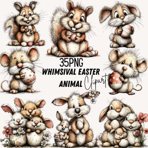 May include: A collection of whimsical Easter animal clipart featuring squirrels, mice, and rabbits. The illustrations are in a soft, pastel color palette, with each animal holding Easter eggs or flowers. Text reads "35PNG Whimsival Easter Animal Clipart."