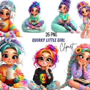 Quirky schattige kleine meisje clipart PNG – schattige meisje clipart set, meisje met grote ogen PNG
