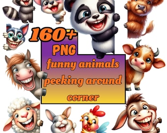 Funny Farm Animals PNG Clipart Bundle: Peeking Cartoon Pets (Digital Download)