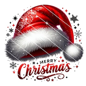 Peut inclure: Illustration d'un bonnet de Père Noël rouge brillant avec une garniture blanche et duveteuse. Le design comprend des flocons de neige et des étoiles, avec l'inscription "MERRY Christmas" en script.