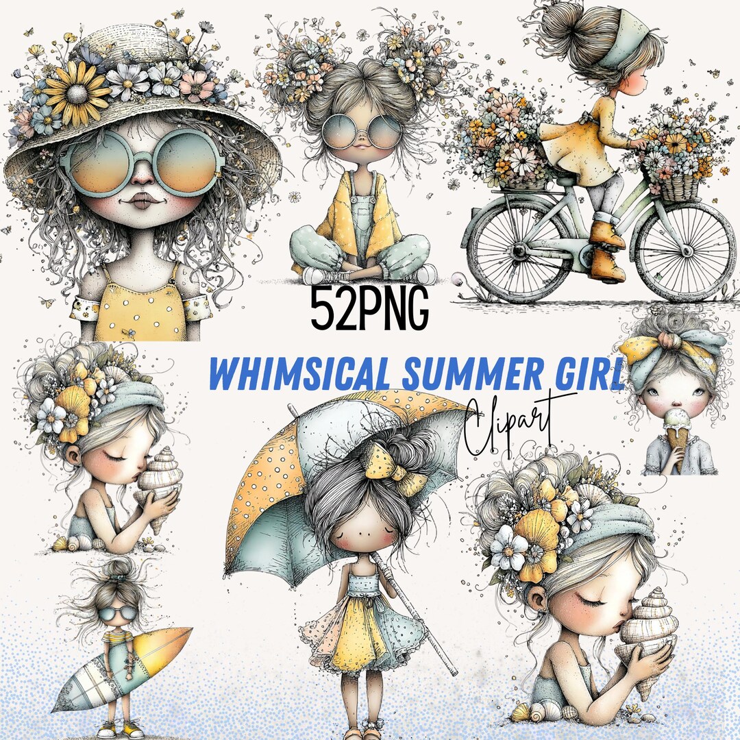 52 Whimsical Girl Clipart PNG Bundle | Spring Digital Art, Cute Girl ...