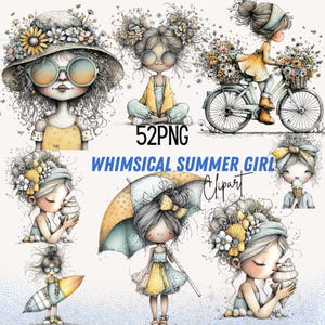 以下が含まれることがあります： 気まぐれな夏の女の子のクリップアートイラストのコレクション。画像には、花のアクセント、サングラス、アイスクリームコーンを持つ女の子が描かれています。「52PNG」と「WHIMSICAL SUMMER GIRL Clipart」のテキストも表示されています。