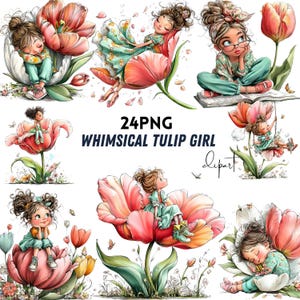 Puede incluir: Una colección digital de 24 archivos PNG con ilustraciones de niñas interactuando con grandes tulipanes rosas y naranjas. El texto 24PNG WHIMSICAL TULIP GIRL está centrado en el medio. Los personajes visten ropa casual y estampados florales.