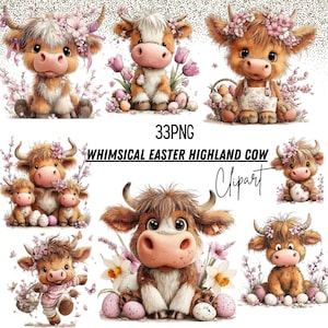 33 png Whimsical Easter Highland Cow Clipart – Cute Quirky Cow Playing with Easter Eggs pring JPG