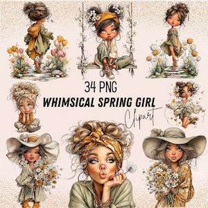 May include: Digital illustrations of whimsical girls in spring attire. The image includes multiple depictions of girls in various poses, surrounded by flowers. The text "34 PNG WHIMSICAL SPRING GIRL Clipart" is displayed in the center of the image.