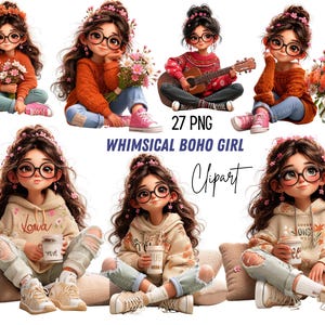 May include: A digital collection of 27 PNG files featuring illustrations of a girl with long brown hair, glasses, and floral hair accessories. The girl is depicted in various poses, wearing sweaters or hoodies, jeans, and sneakers, sometimes holding flowers, a guitar, or a coffee cup.