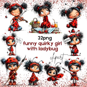 May include: Digital clipart featuring whimsical illustrations of girls dressed as ladybugs. Each girl is depicted in a red dress with black polka dots, and some are holding signs or playing instruments. The text "funny quirky girl with ladybug clipart" is also included.