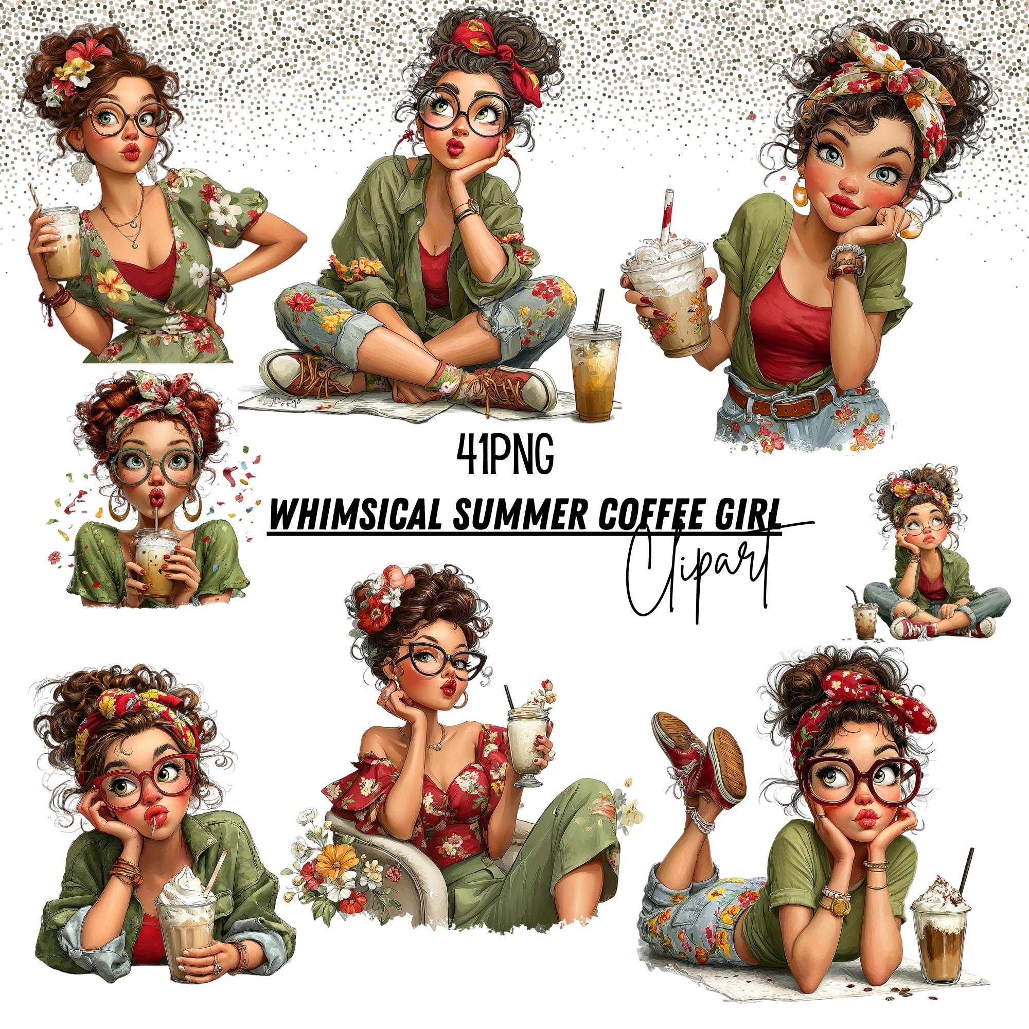 Buy Whimsical Summer Coffee Girl Clipart Bundle – 41 PNG Cute