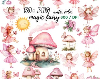 May include: Watercolor illustrations of fairies, mushrooms, and floral elements in shades of pink and green. The image includes the text "50+ PNG magic fairy water color 300 / DPI". The overall theme is whimsical and fantasy-inspired.