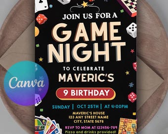 Game Night Birthday Invitation, Board Games Canva Template (Digital Download)