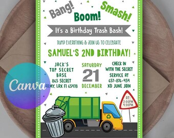 Faire-part d'anniversaire de camion à ordures : modèle de toile modifiable (téléchargement numérique)