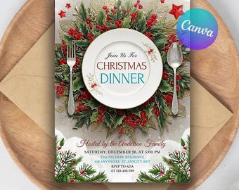 Puede incluir: Invitación a una cena de Navidad con un diseño festivo. La invitación presenta un plato blanco con el texto "Join Us For CHRISTMAS DINNER". Está rodeada de acebo y bayas, con un tenedor y una cuchara a cada lado.