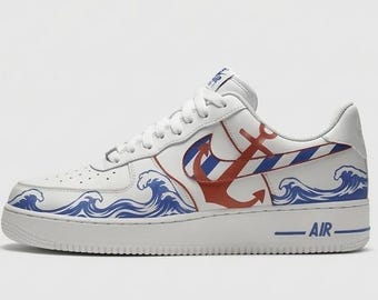 Scoops Ahoy Custom Air Force 1 | Hand Painted Navy Anchor Wave Sneakers