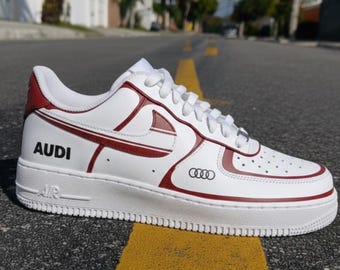 Custom Air Force 1 Sneakers with Red Line Automotive Design, Hand Painted Audi Sneakers