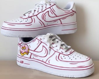 Custom Air Force 1 Sneakers – Hand Painted Donut Art, Red Outline Shoes