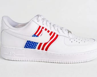 Custom American Flag Air Force 1 Sneakers, Patriotic Red White Blue Hand Painted Shoes