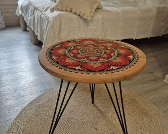 Hand Painted Mandala Coffee Table: Boho Beech Wood Accent Table
