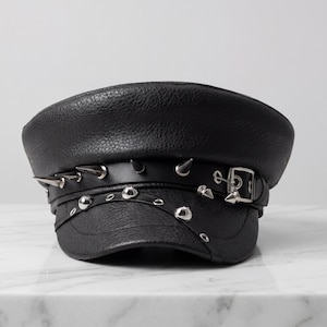 Vintage Henschel USA Black Leather Biker Cap Studded Military Hat Small Y2K Punk Studded Punk Hat - Etsy main image 2