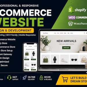 Può includere: Una pubblicità per servizi di progettazione e sviluppo di siti Web di e-commerce. L'immagine presenta un laptop che mostra un sito Web, uno smartphone e un carrello della spesa. Il testo include "E-Commerce Website", "Shopify Store" e "WooCommerce Store".