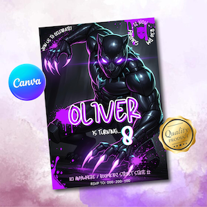 May include: A birthday party invitation featuring a black panther illustration with purple accents. The invitation includes the name "Oliver" and the age "8". Additional text includes the date, time, and RSVP information. A "Quality Product" seal is in the corner.