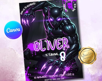 Black Panther Birthday Invitation: Neon Comic, Editable Canva Template (5x7 + Mobile)
