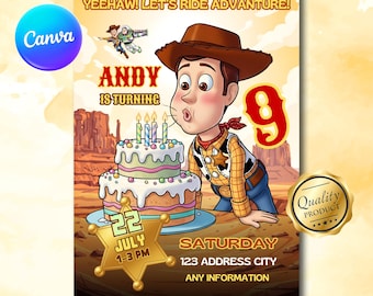 Puede incluir: Una invitación de cumpleaños con un vaquero de dibujos animados soplando las velas de un pastel. La invitación incluye el texto "YEEHAW! LET'S RIDE ADVANTURE!" y "ANDY IS TURNING 9" con la fecha y hora de la fiesta.
