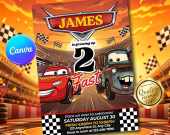 Two Fast Cars Birthday Invitation: Lightning McQueen Editable Canva Template (5x7 + Mobile)