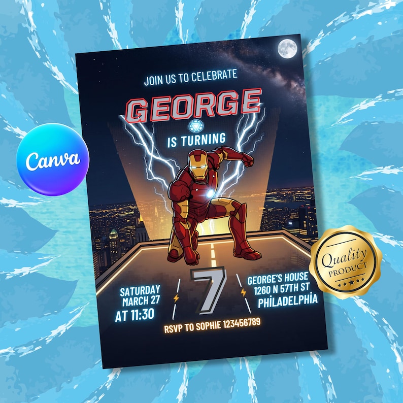 May include: A birthday party invitation featuring an illustration of Iron Man. The invitation includes the name "GEORGE" in red, the number "7", and event details. The background shows a cityscape and lightning bolts.
