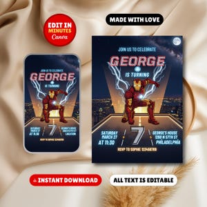 May include: Two birthday party invitations featuring an Iron Man graphic. The invitations read "Join us to celebrate George is turning" with event details. One invitation is a phone screen mockup. The other is a full invitation.