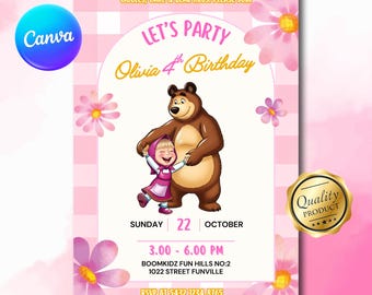 Masha and The Bear Birthday Invitation: Editable Canva Template (5x7 + Mobile)