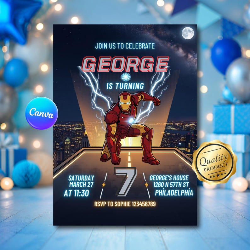 May include: A birthday party invitation featuring an illustration of Iron Man. The invitation includes the name "George", the number "7", and event details. The design incorporates a cityscape, lightning bolts, and the text "Join us to celebrate".