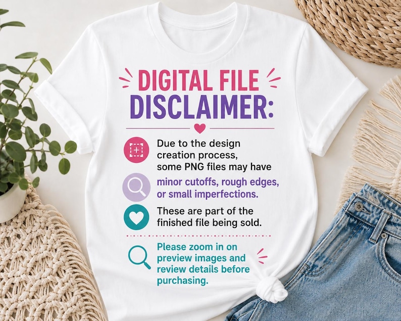 Puede incluir: Una camiseta blanca con el texto DIGITAL FILE DISCLAIMER en rosa y morado. Incluye iconos y texto que explican que los archivos PNG pueden tener peque&ntilde;os cortes, bordes irregulares o imperfecciones, y aconseja ampliar las im&aacute;genes.