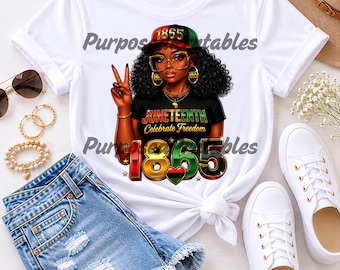 Diseño de camiseta PNG de Juneteenth, mujer con gafas y aro rizados, pendientes de aro