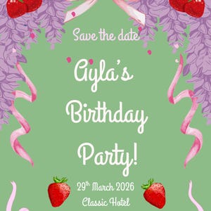 Editable Pink Strawberry Matcha Birthday Party Invitation template, Pink Bow Invitation, Coquette, Strawberry Birthday, Digital Invitation