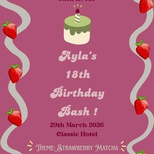Editable Pink Strawberry Matcha Birthday Party Invitation template, Pink Invitation, Birthday Card, Strawberry Birthday, Digital Invitation