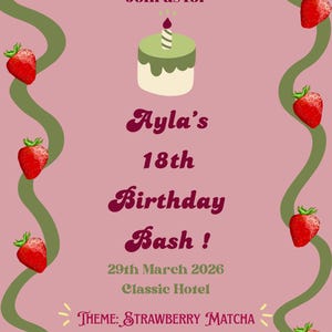 Editable Pink Strawberry Matcha Birthday Party Invitation template, Pink Invitation, PinkGreen Theme,Strawberry Birthday, Digital Invitation