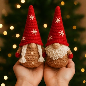 Patrón de ganchillo en PDF para una pareja de gnomos navideños, gnomos navideños amigurumi con barba y trenzas, patrón de gnomos amigurumi festivos para hacer tú mismo