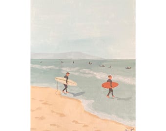 Surfers- original acrylic landscape seascape surf  beach modern wall decor painting 9x12