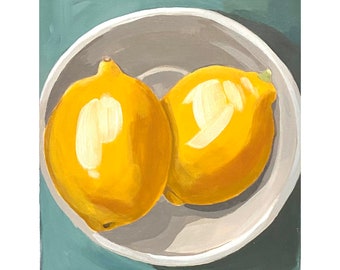 Two lemons- Modern wall art still life original acrylic painting 9x12